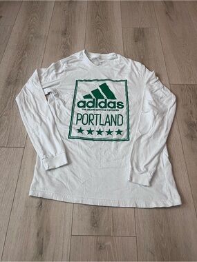 adidas White Long-Sleeve Portland Logo Tee with Green Graphic